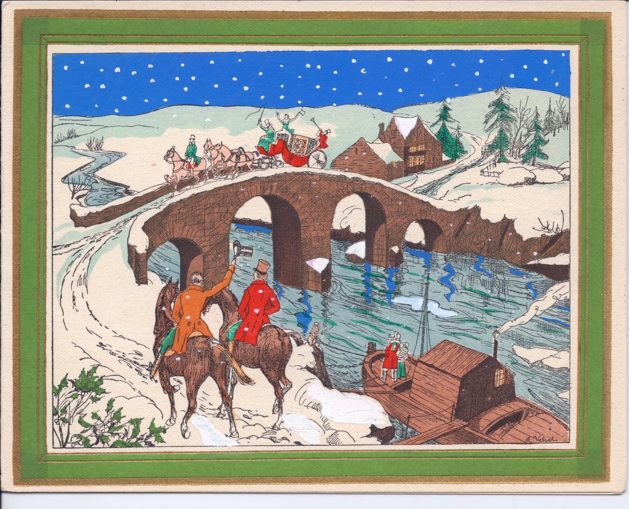 Um cartão de Natal francês Pochoir colorido à mão de uma carruagem desenhada por cavalos atravessando uma ponte e cavaleiros levantando o chapéu em saudação, por volta de 1920 de English School