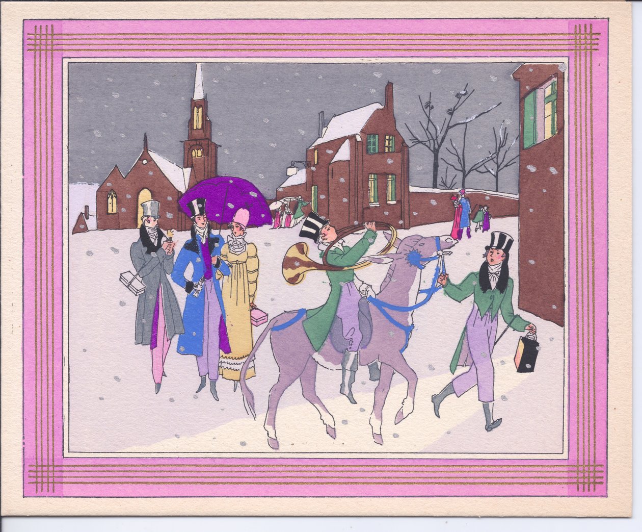 Um cartão de Natal de Pochoir francês colorido à mão mostrando um burro sendo conduzido por um homem de cartola com uma lanterna e sendo montado por um homem tocando uma trompa de caça, por volta de 1920 de English School