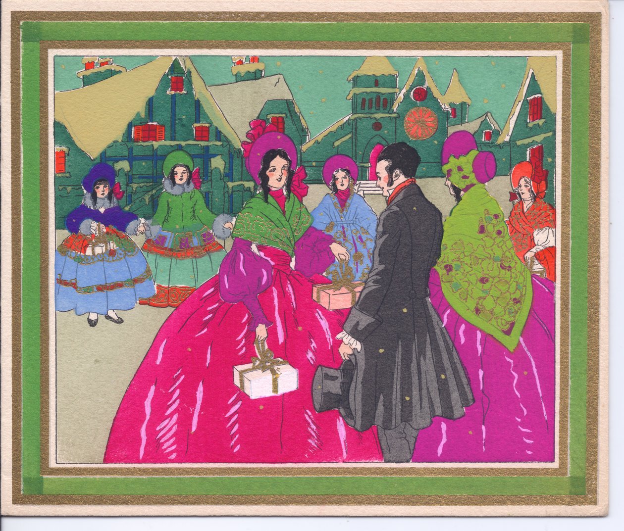 Um cartão de Natal francês Pochoir colorido à mão de um grupo de damas em vestidos de crinolina e gorros conversando com um cavalheiro de cartola, por volta de 1920 de English School