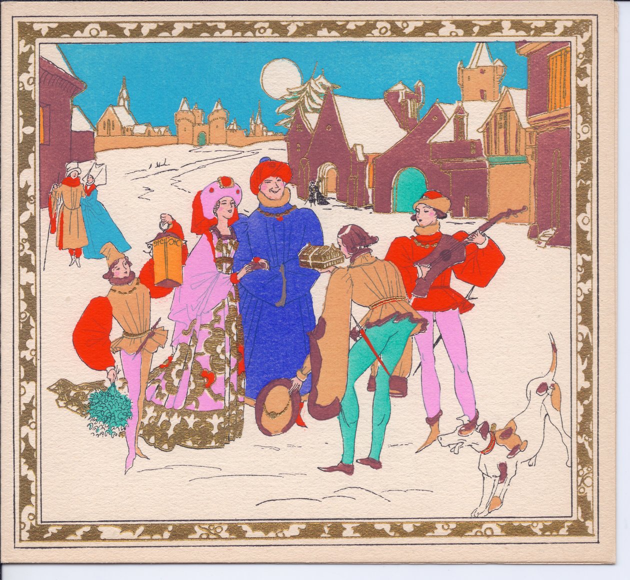 Um cartão de Natal francês Pochoir colorido à mão de um par de menestréis de rua elisabetanos entretendo um senhor e uma dama, enquanto a página deles segura uma lanterna, por volta de 1920 de English School