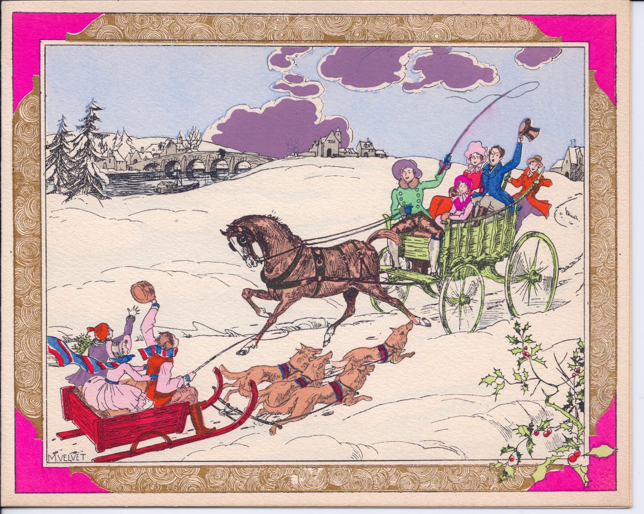 Um cartão de Natal francês Pochoir colorido à mão de um trenó com crianças sendo puxadas por cães e um cavalo e uma carroça sendo conduzidos por uma paisagem cheia de neve, por volta de 1920 de English School