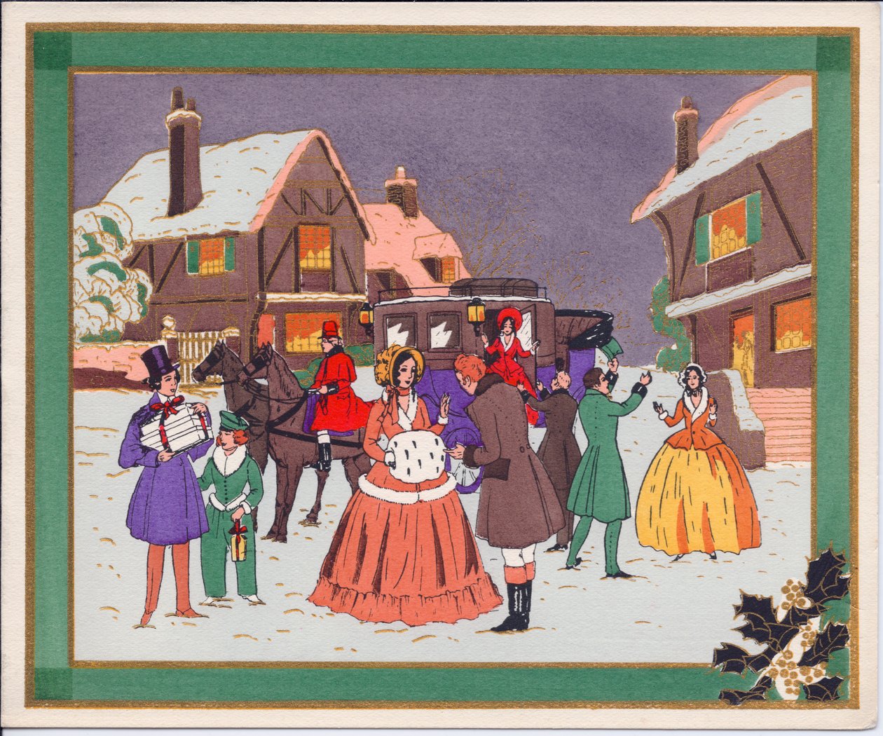 Um cartão de Natal de Pochoir francês colorido à mão mostrando uma cena de aldeia com uma carruagem e cavalos, por volta de 1920 de English School