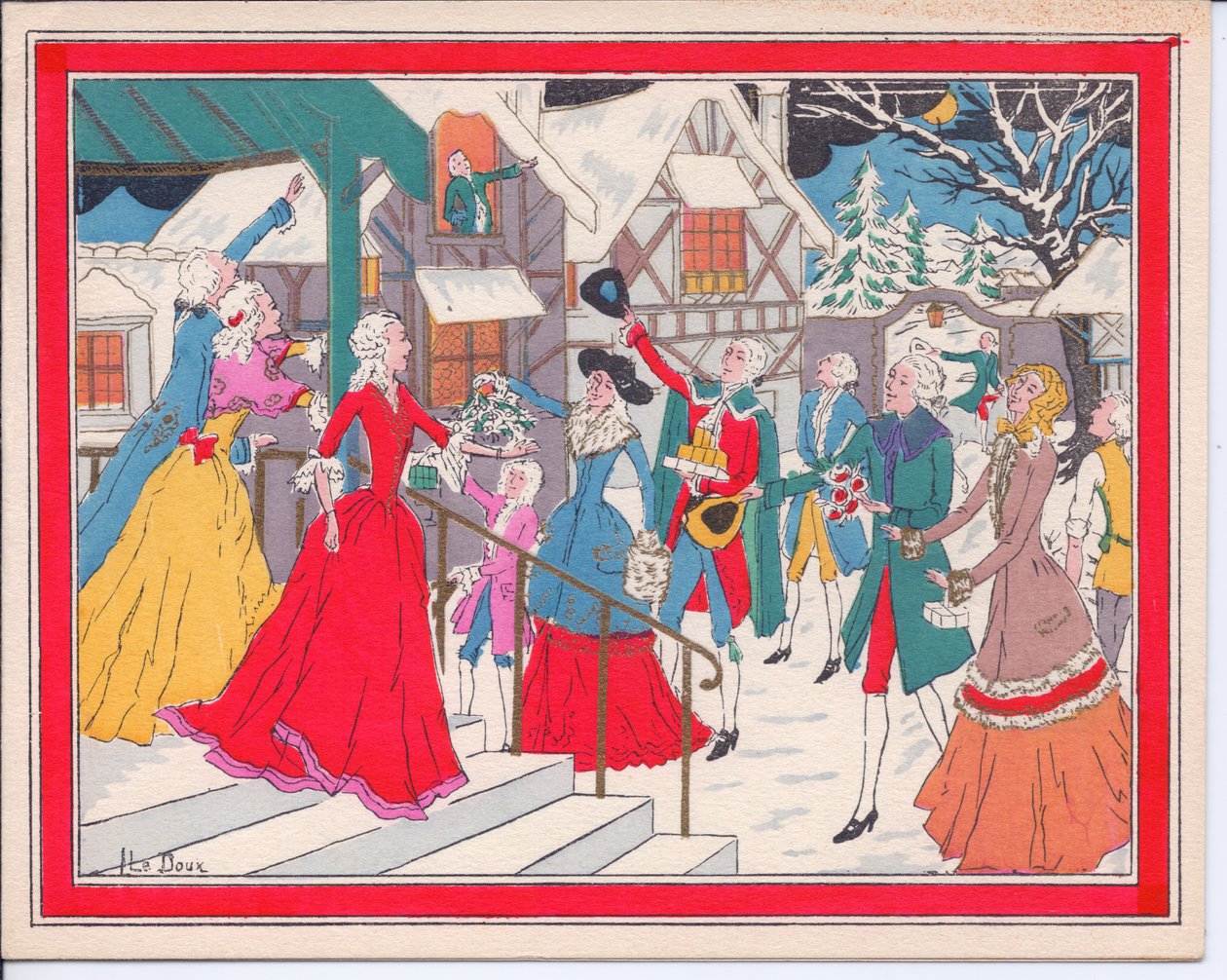 Um cartão de Natal Pochoir francês colorido à mão de uma cena de inverno na época dos Tudor, por volta de 1920 de English School