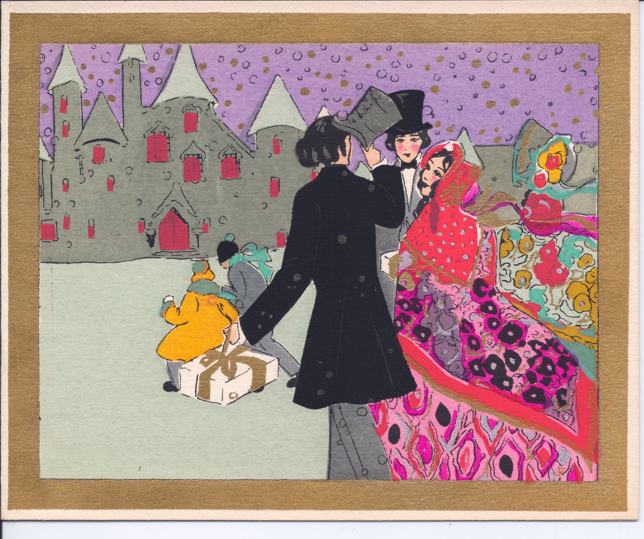 Um cartão de Natal francês Pochoir colorido à mão de convidados caminhando para um castelo para uma festa, por volta de 1920 de English School
