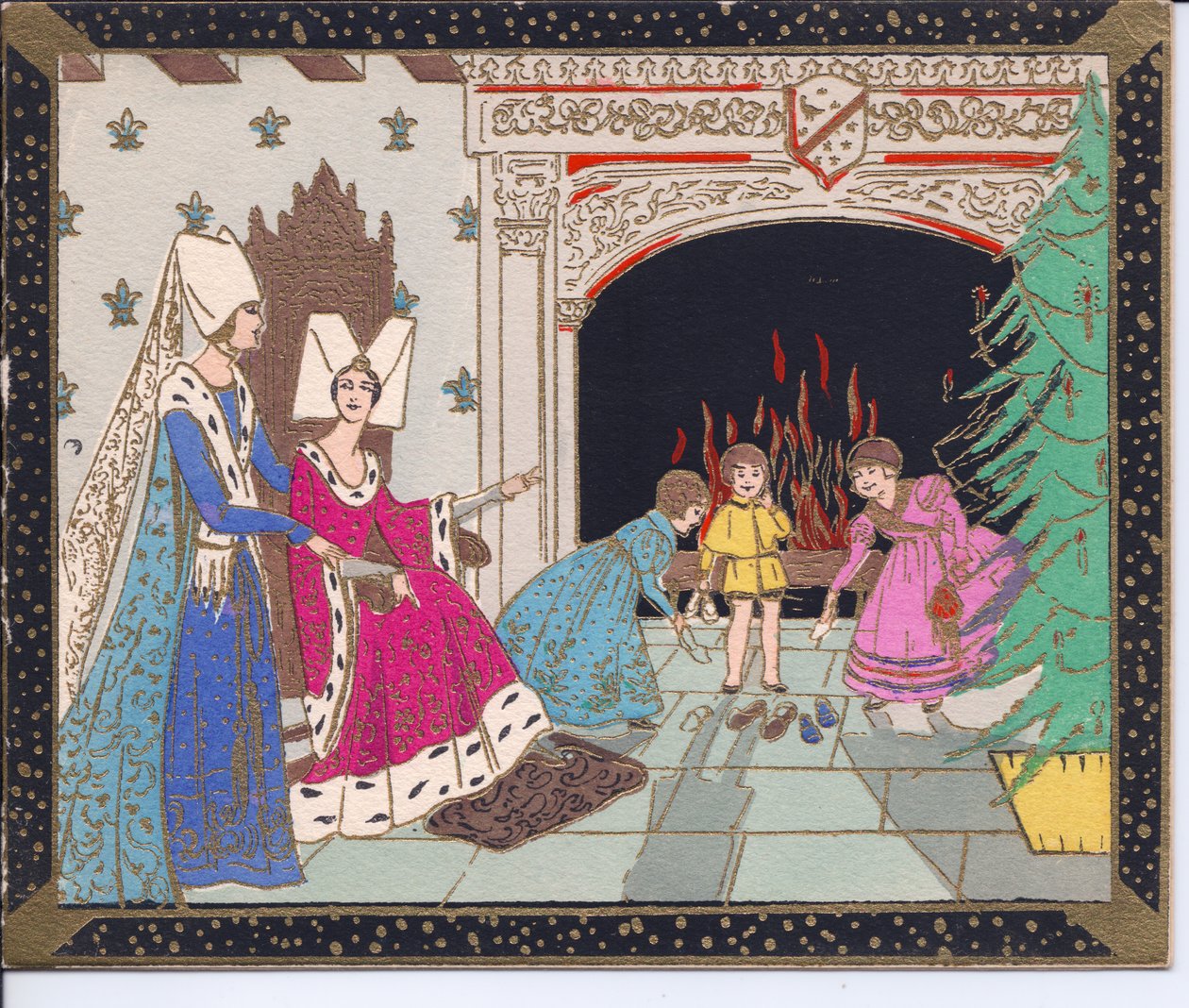 Um cartão de Natal francês Pochoir colorido à mão de damas medievais usando chapéus de borboleta e crianças em frente a uma grande lareira aquecendo os sapatos, por volta de 1920 de English School