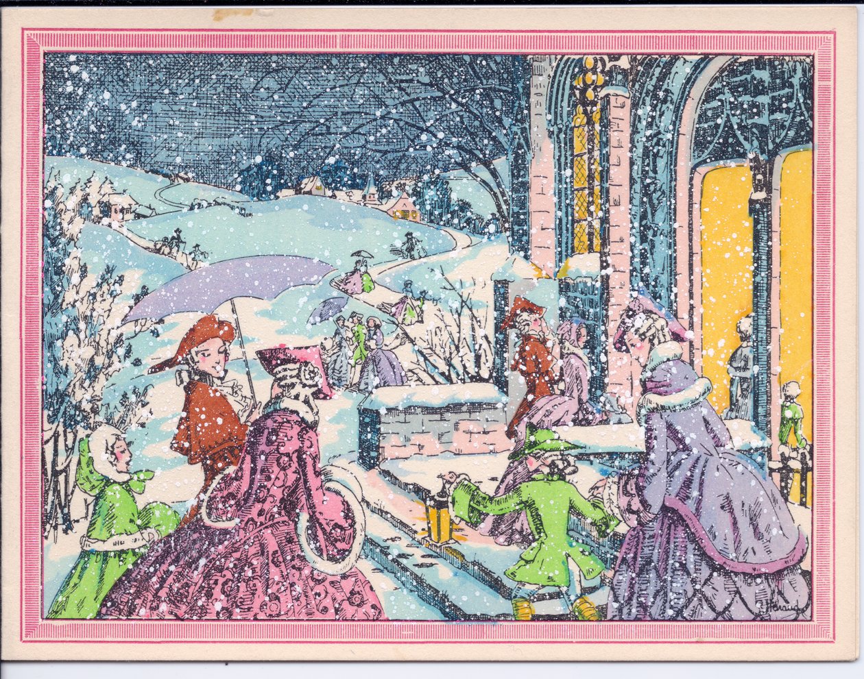 Um cartão de Natal Pochoir francês colorido à mão mostrando os festeiros chegando na neve em uma mansão, por volta de 1920 de English School