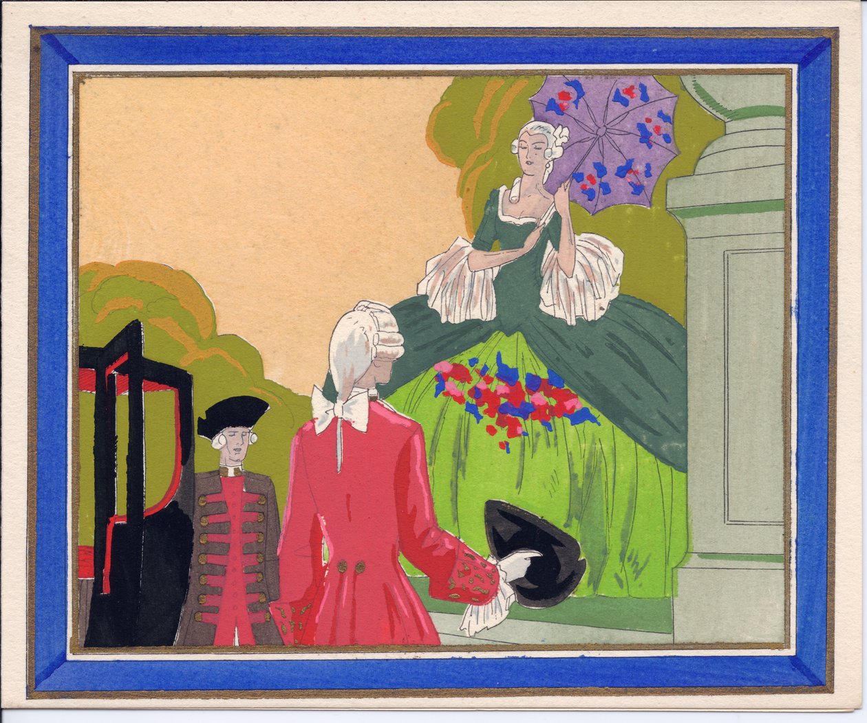 Um cartão de felicitações Pochoir francês, colorido à mão, com um homem de barba e um criado de libré à espera que uma grande senhora entre na sua carruagem, cerca de 1920 (stencil) de English School
