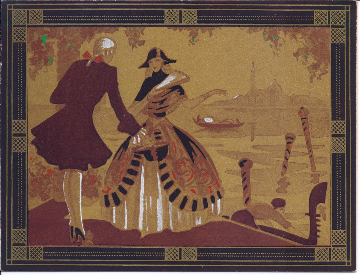 Um cartão francês Pochoir francês colorido de uma cena veneziana, por volta de 1920 de English School