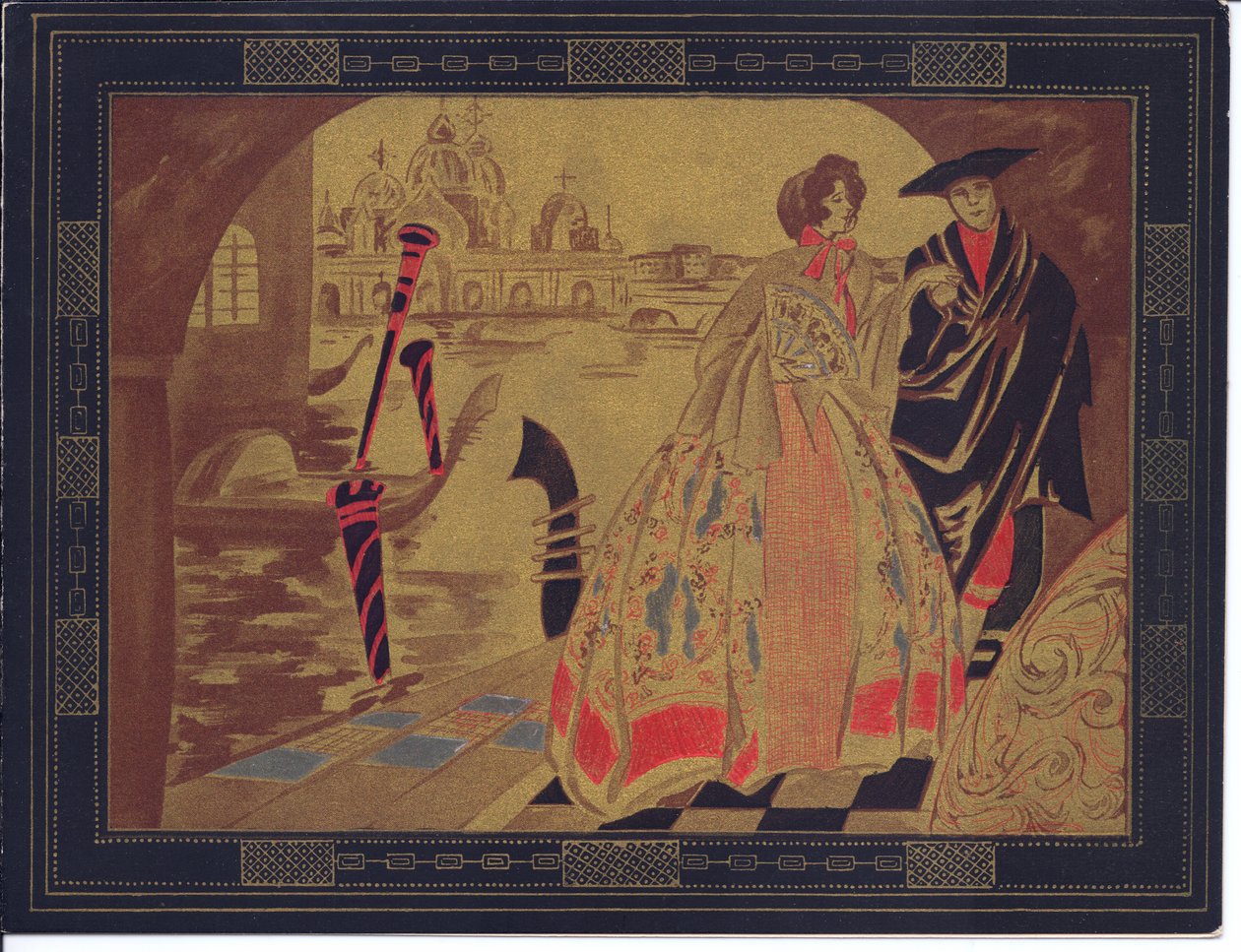 Um cartão francês Pochoir francês colorido de uma cena veneziana, por volta de 1920 de English School