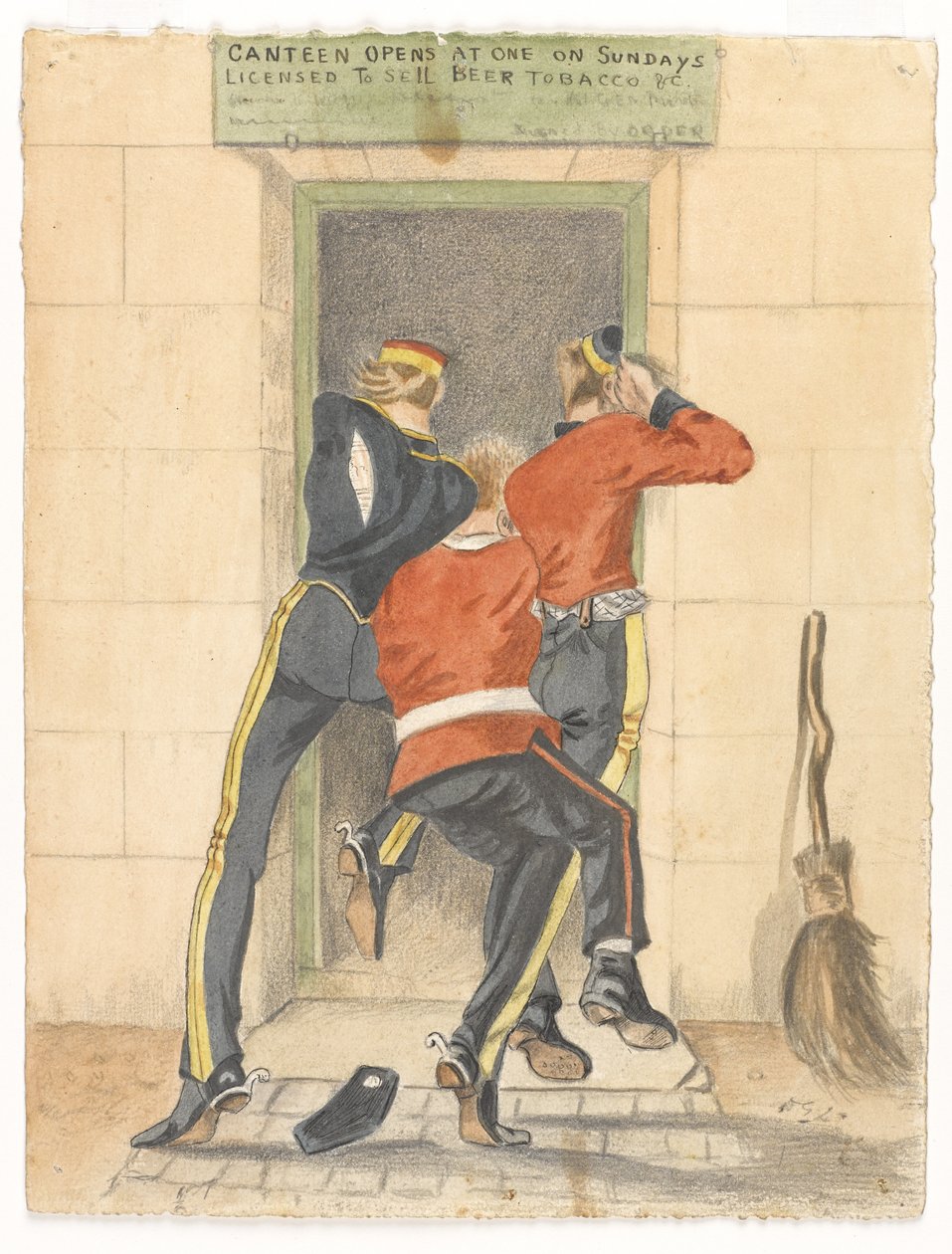 Um hussardo, um soldado de infantaria e um dragão, todos em uniforme de despir, lutando pela entrada de uma cantina, c.1890 de English School