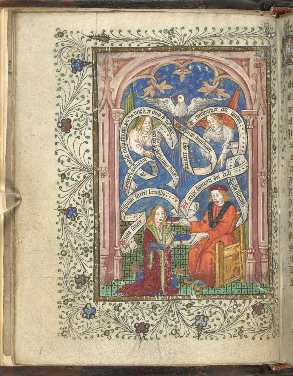 Um aluno ajoelhado, talvez representando o autor, Norton, recebendo um livro de seu mestre, com anjos, pergaminhos escritos e uma pomba acima. Ordinal da Alquimia. Thomas Norton 4º quartel do século XV de English School