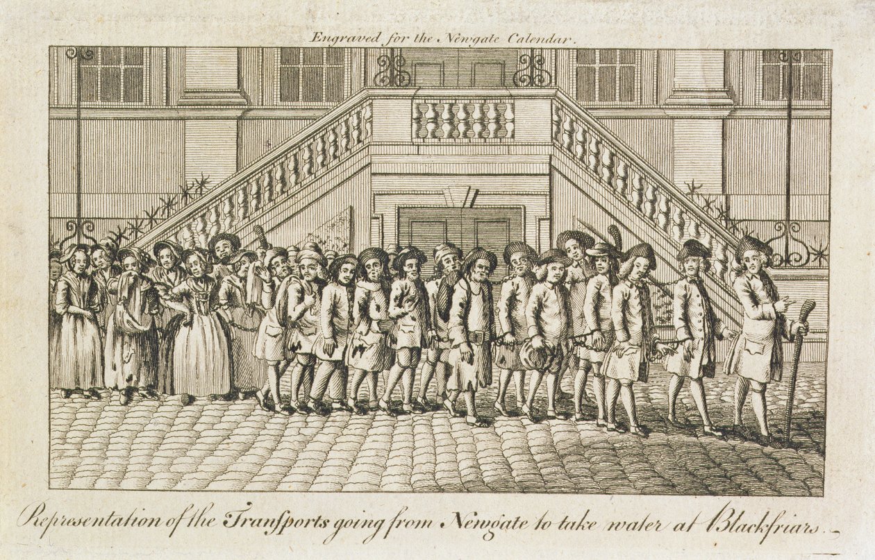 Uma linha de prisioneiros acorrentados da Prisão de Newgate, Old Bailey, sendo levados para Blackfriars para o transporte, c.1760 de English School