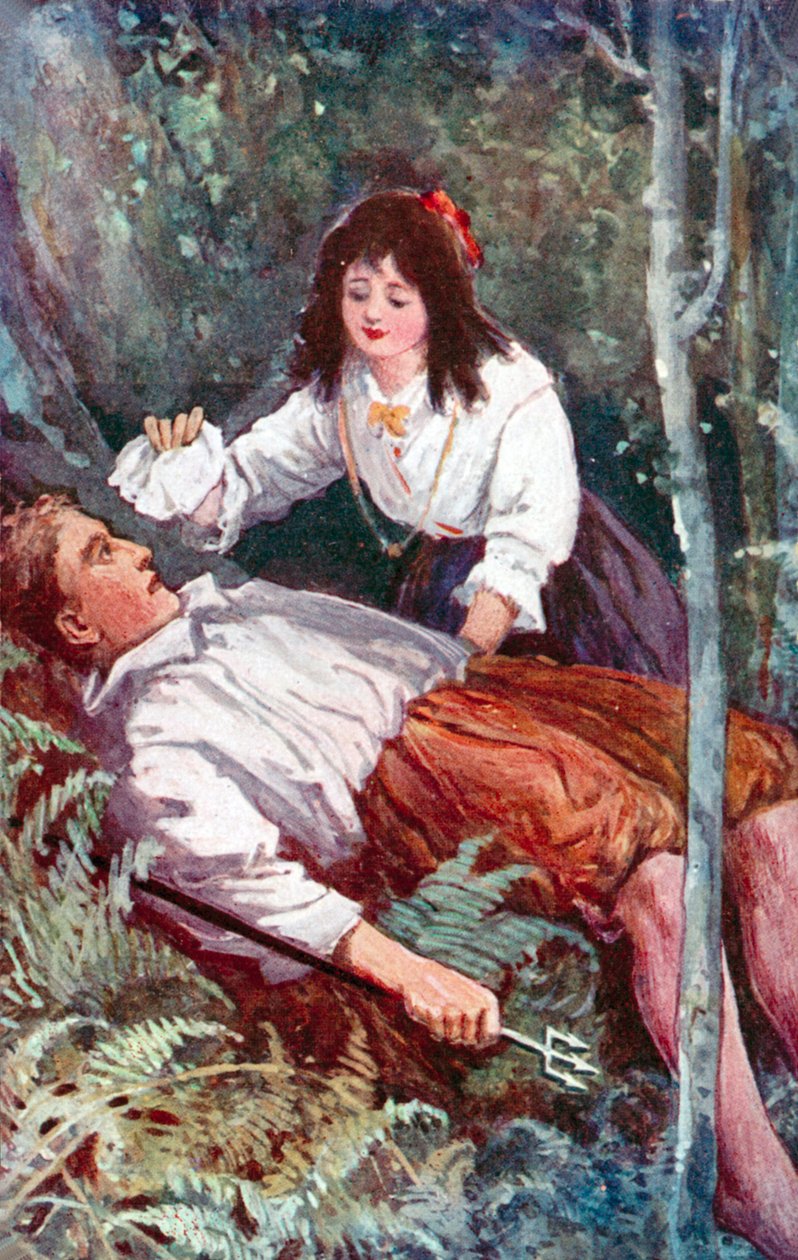 "Uma menina ajoelhada ao meu lado" (litografia a cores) de English School