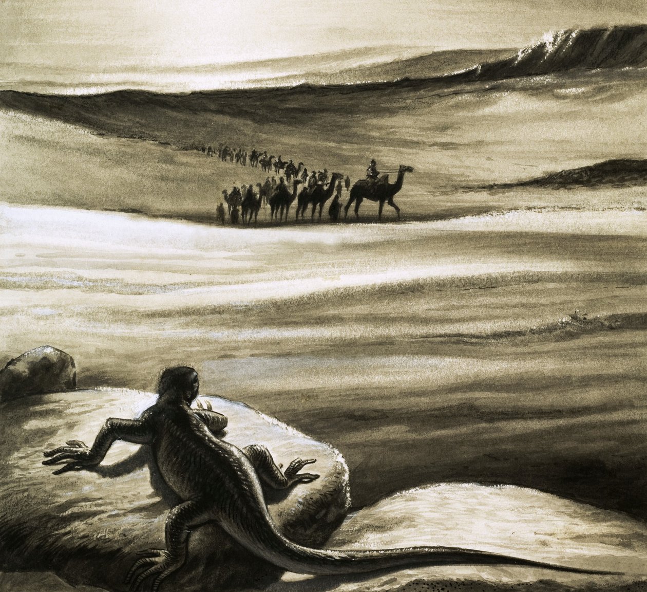 Um lagarto observa um comboio de camelos a atravessar o deserto de English School