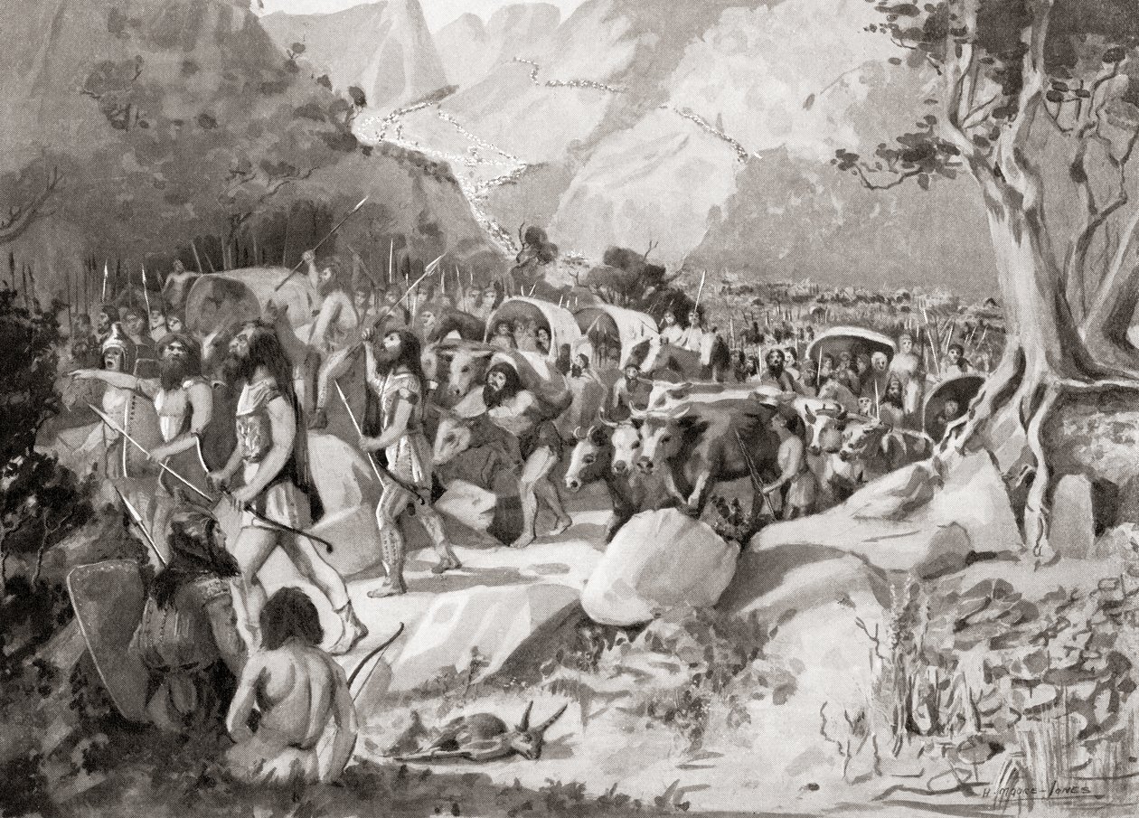 Uma migração de tribos citas através de um passe nos montes da Ásia menor para a Síria, da História das Nações de Hutchinson, pub.1915 de English School
