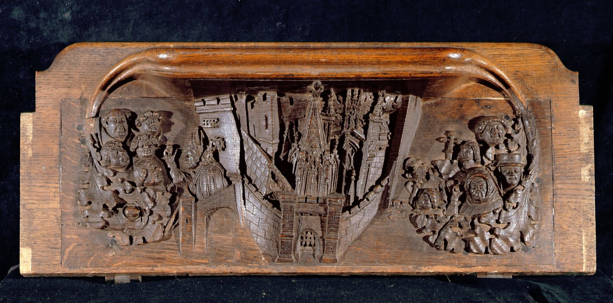 Um misericordioso que retrata uma cidade murada com um portal com uma ponte levadiça elevada, New College Chapel, Oxford, final do século XIV (madeira) de English School