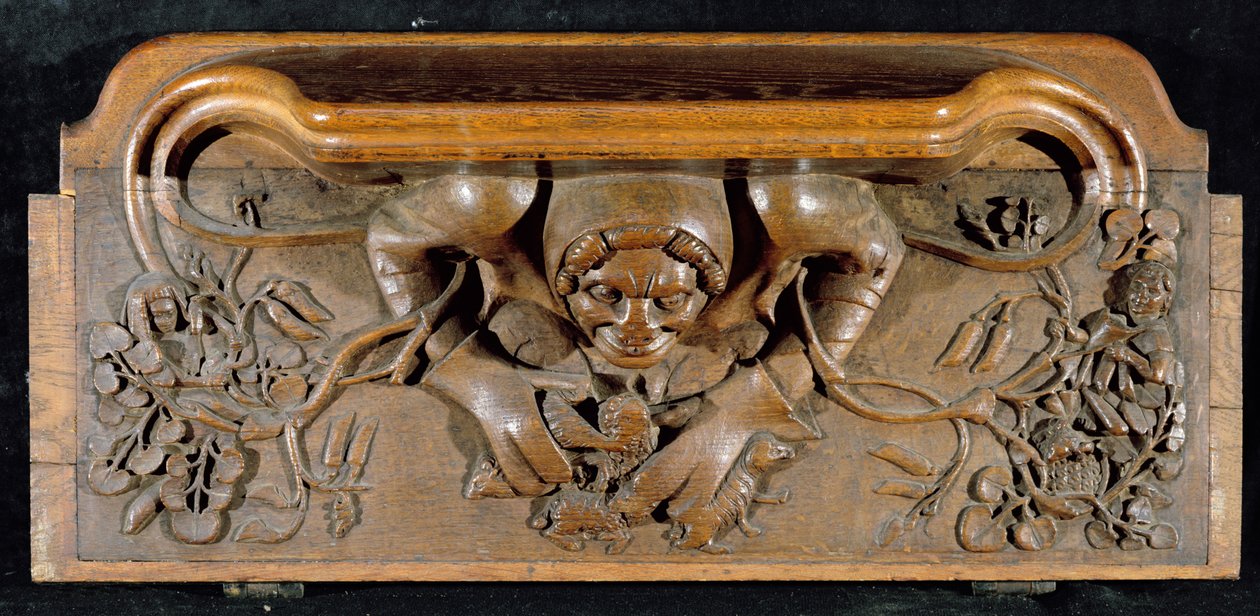 Um misericordioso representando um ogro com ombros enormes, New College Chapel, Oxford, final do século XIV (madeira) de English School