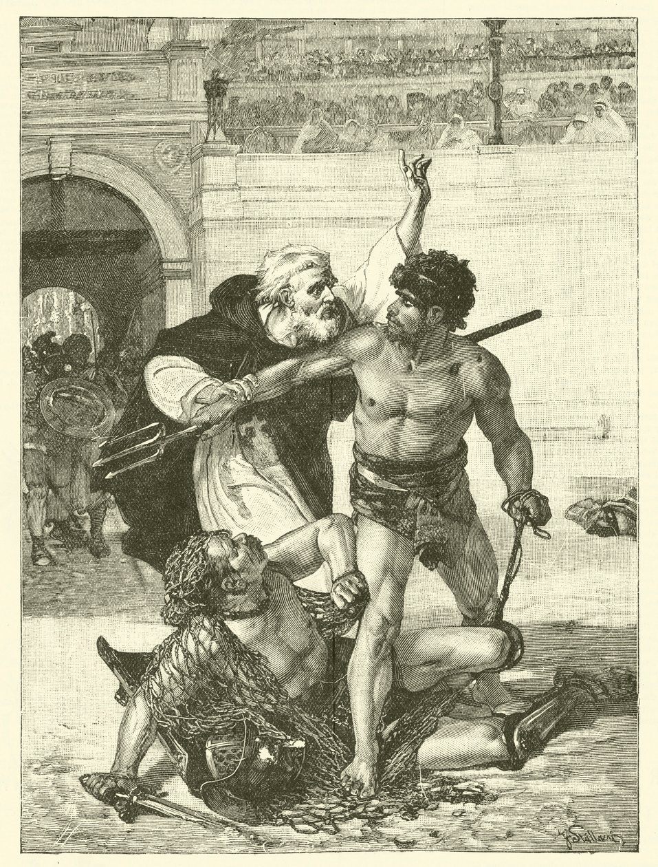 Um monge, Telémaco, a tentar impedir os jogos de gladiadores no Coliseu, em Roma (gravura) de English School