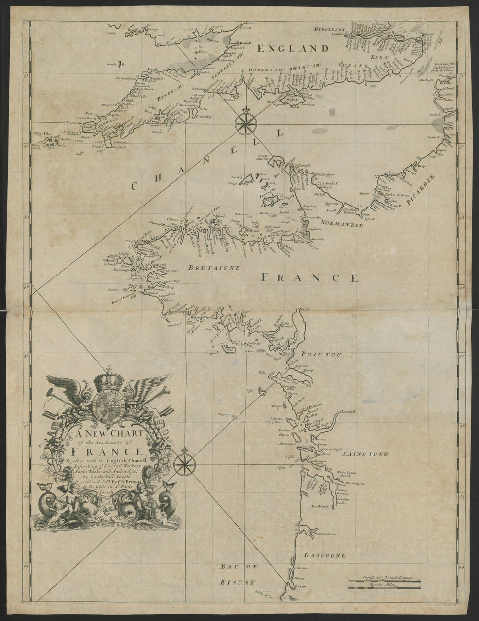 Uma nova Carta das Costas do Mar de França, juntamente com o Chanell inglês, c.1730 (litho) de English School