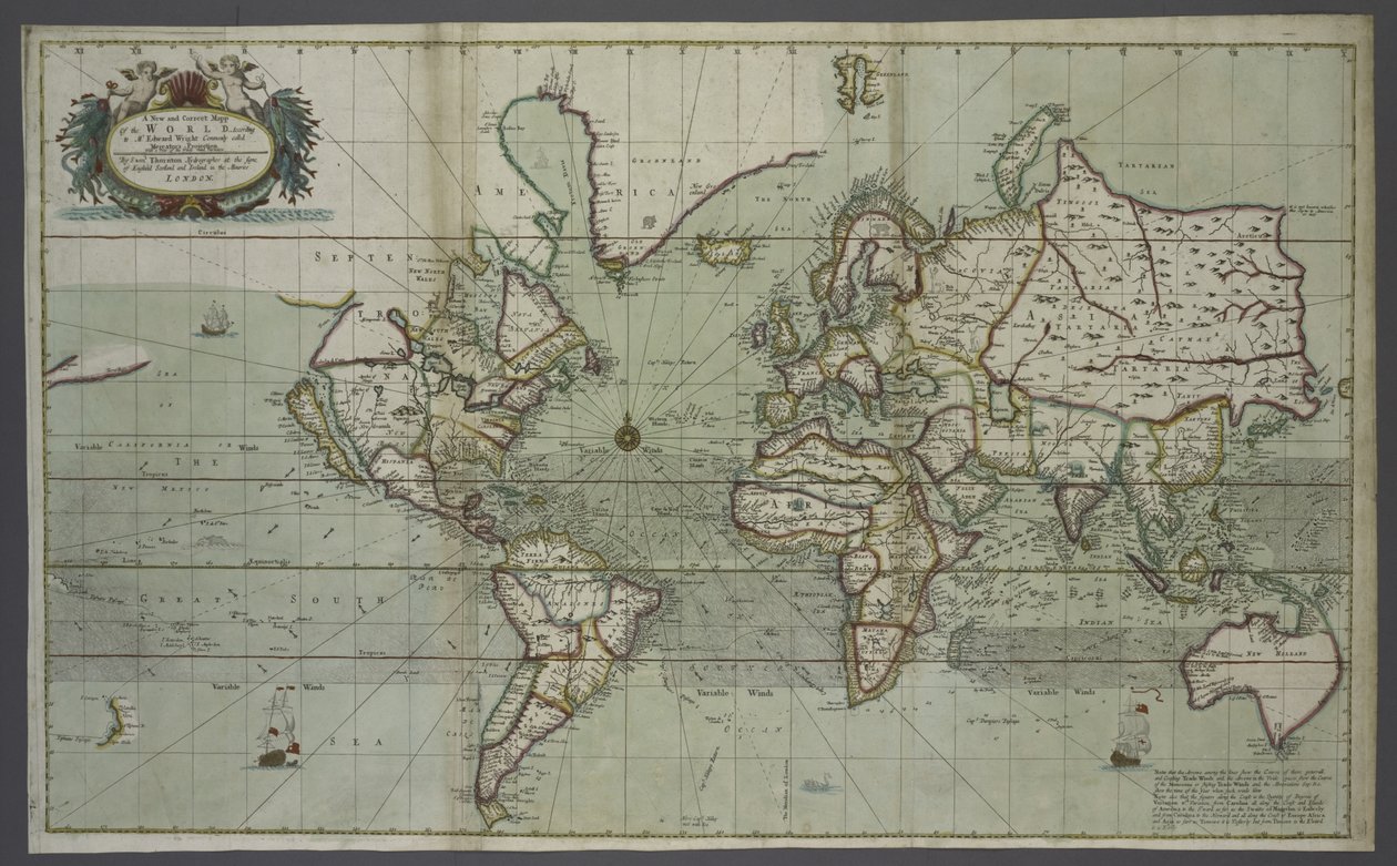 Um mapa novo e correto do mundo a partir de um atlas do mar, 1707 (impressão colorida à mão) de English School