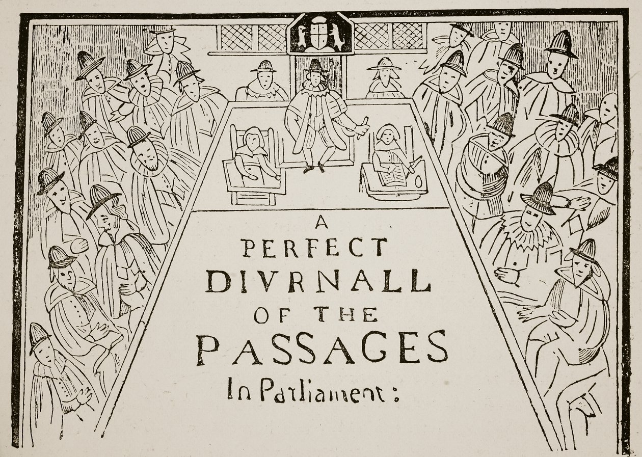 Um título de jornal, do século XVII, ilustração de Hutchinsons História da nação britânica, c.1923 de English School