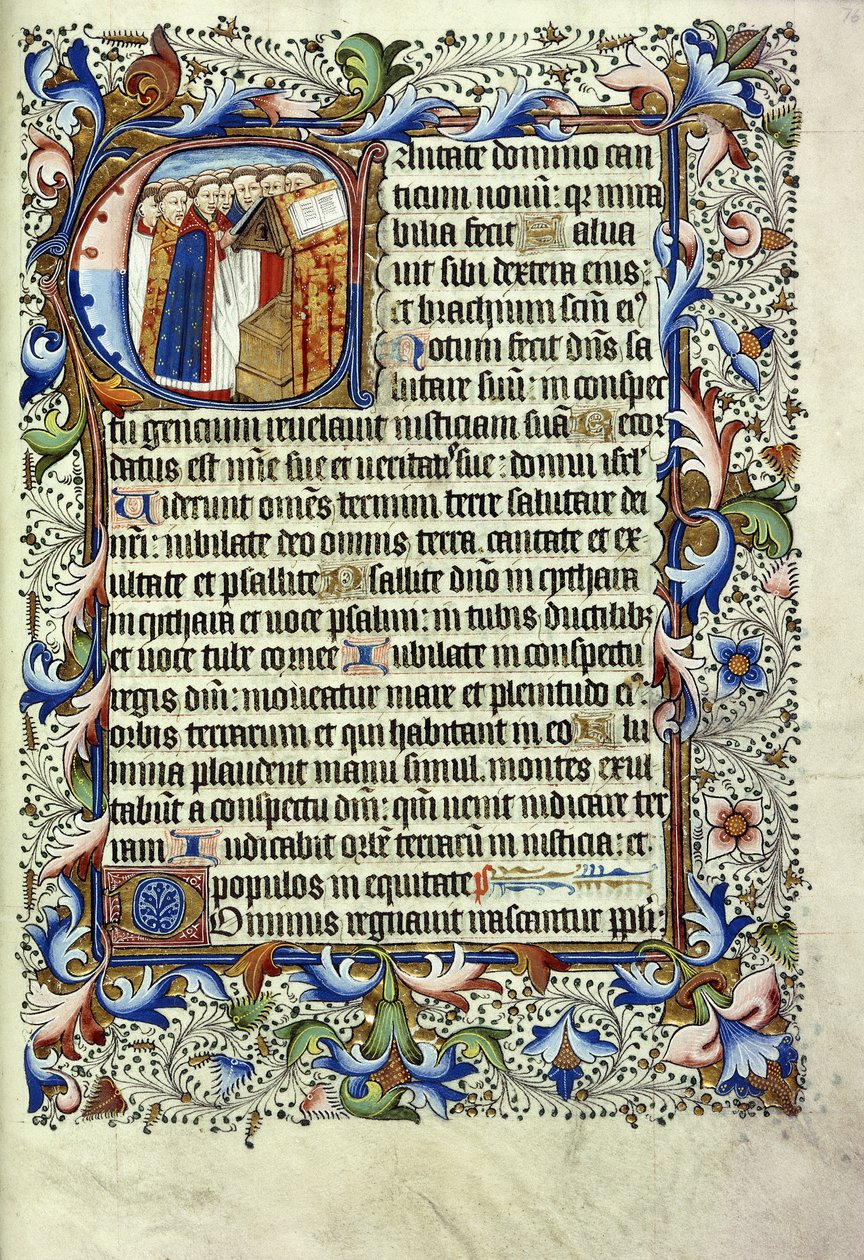 Uma página de um saltério em latim, com uma inicial historiada representando um grupo de monges diante de um púlpito entoando, c.1455 de English School
