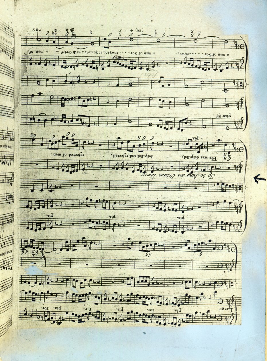 Uma página de uma das duas únicas cópias conhecidas da primeira impressão do Messias de Handel em Londres (impresso) de English School