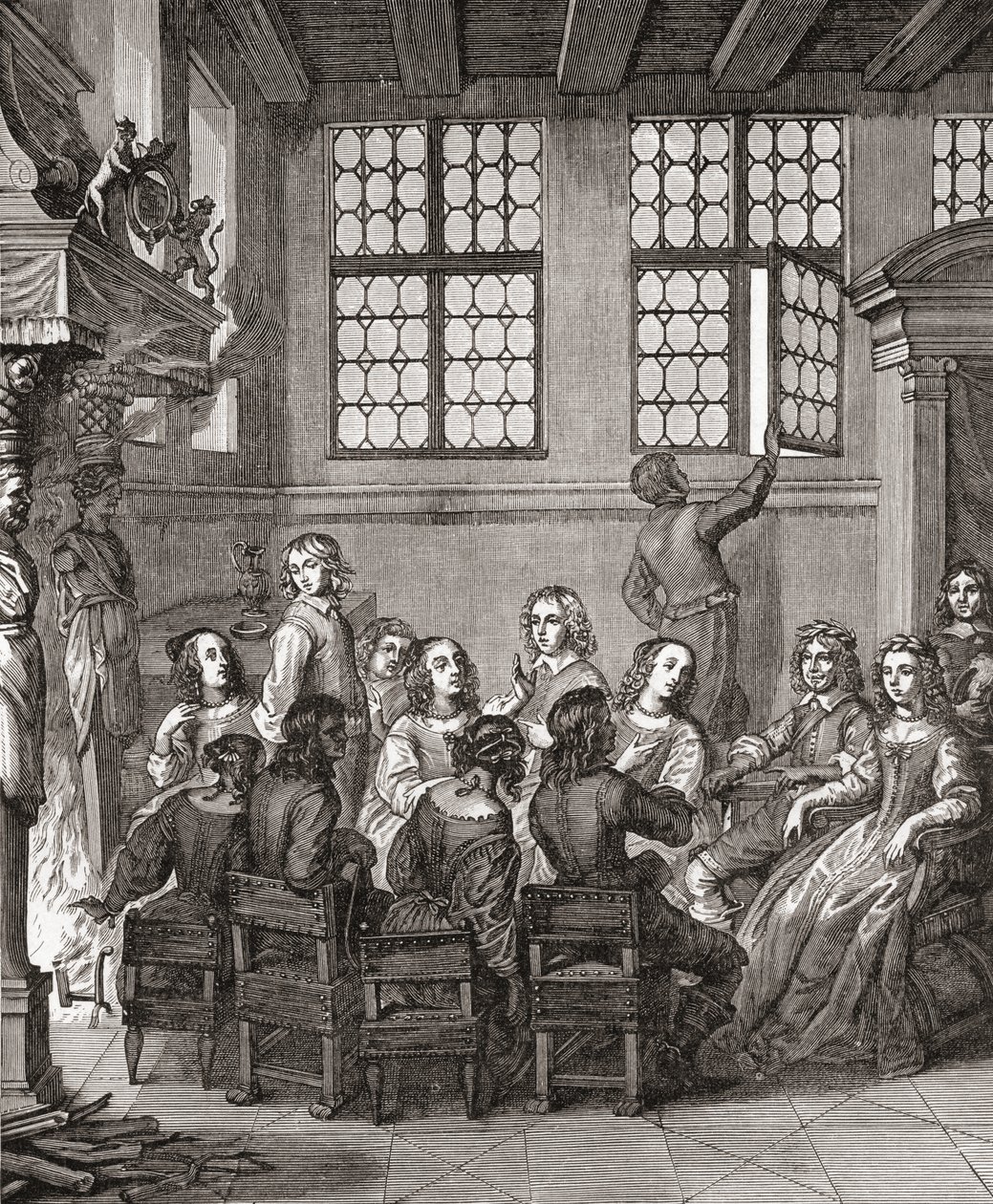 Uma festa no Duke of Newcastles House, frontispício de Natures Pictures por Margaret, Duquesa de Newcastle, 1656, de A Breve História do Povo Inglês por JR Green, publicado em 1893 de English School