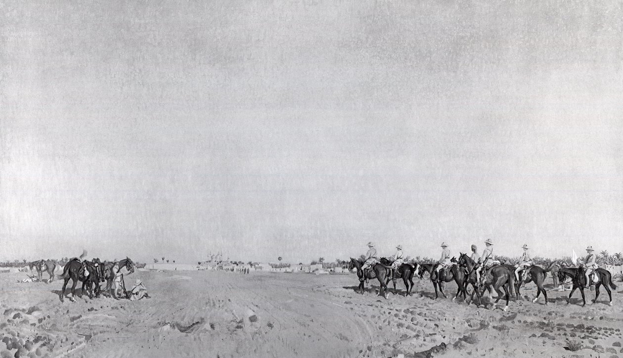 Uma patrulha do 14º Hussardos com o Comandante Tenente-Coronel RW Hewitt DSO se aproximando para levar a rendição turca na Surrender of Kazimain, 11 de março de 1917, publicado em 1918 (photolitho) de English School