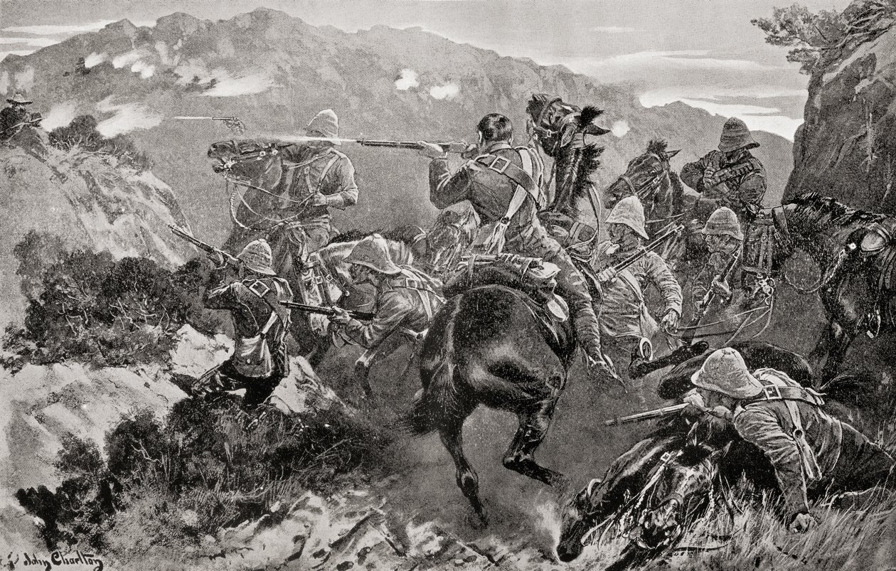 Um piquete de 13º Hussardos surpreendido perto do rio Tugela, Hussar Hill, província de KwaZulu-Natal, durante a Segunda Guerra dos Bóeres, de "South Africa and the Transvaal War", de Louis Creswicke, publicado em 1900 (litografia) de English School