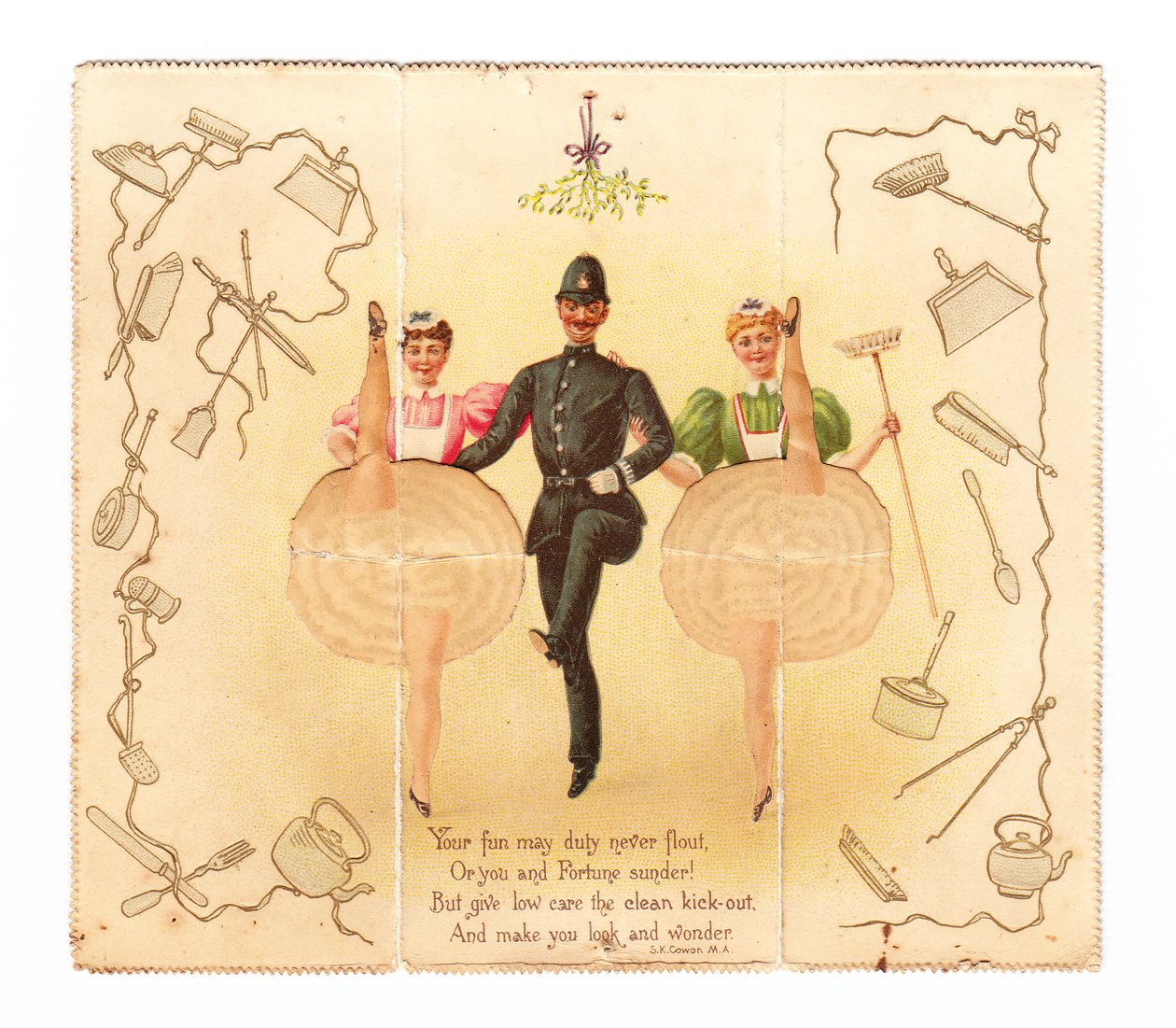 Um cartão pop up de um polícia e duas mulheres a darem um pontapé alto, c.1920 (litografia a cores) de English School