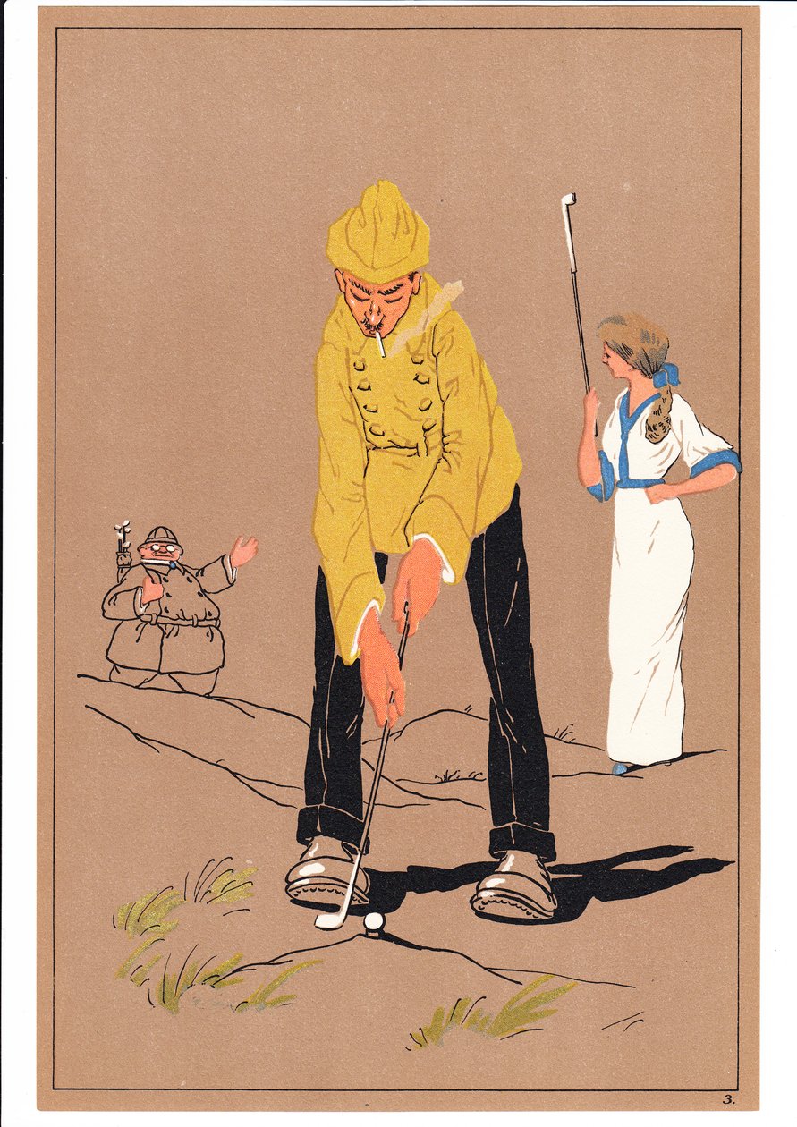 Uma cópia de dois golfistas em postagens cômicas e bem-humoradas, c.1920 de English School