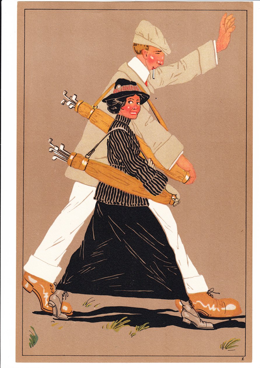 Uma cópia de dois golfistas em postagens cômicas e bem-humoradas, c.1920 de English School