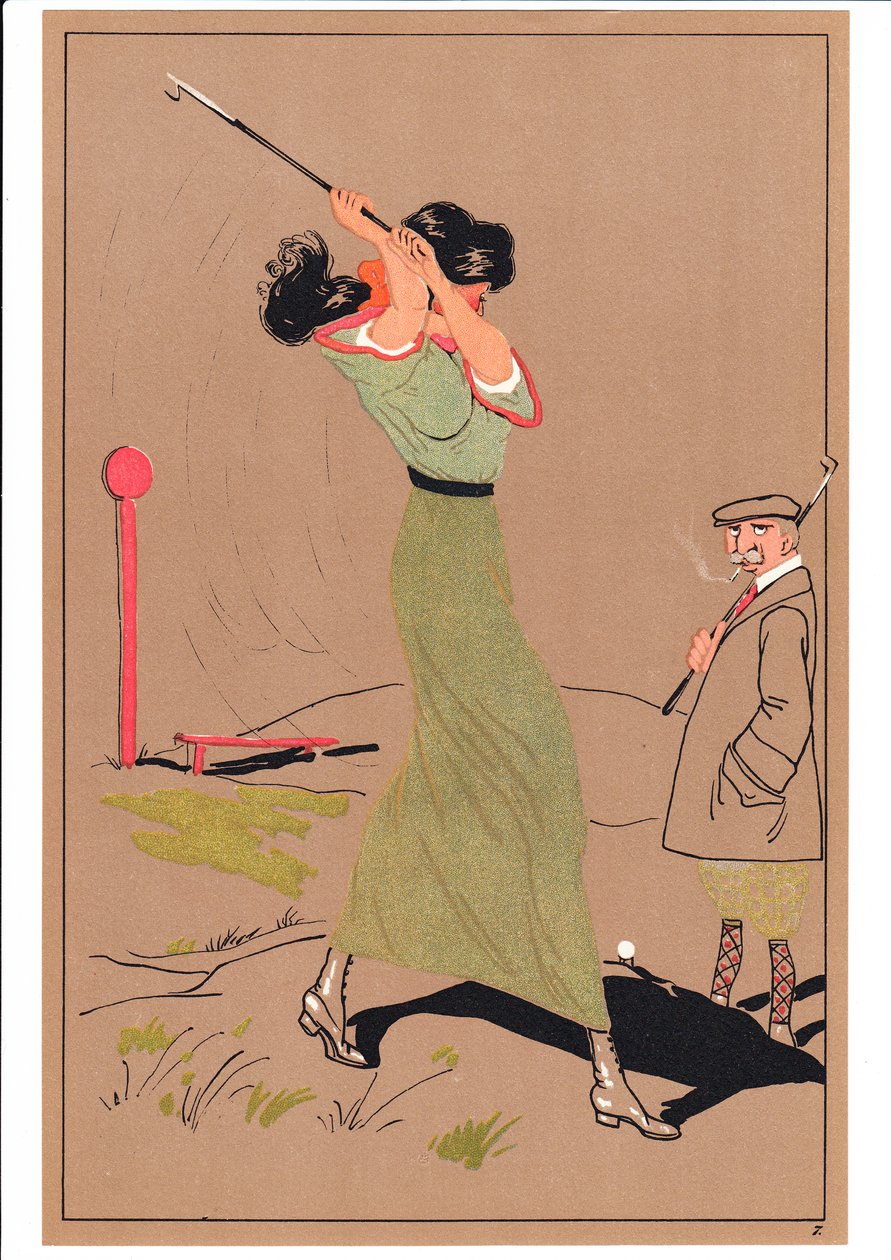 Uma cópia de dois golfistas em postagens cômicas e bem-humoradas, c.1920 de English School