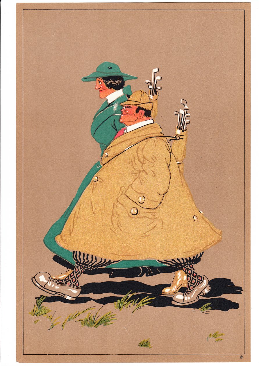 Uma cópia de dois golfistas em postagens cômicas e bem-humoradas, c.1920 de English School