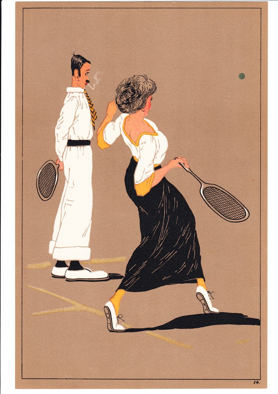 Uma gravura de dois jogadores de ténis em posturas cómicas e humorísticas, c.1920 (litografia a cores) de English School