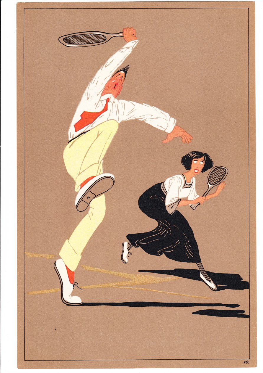 Uma cópia de dois tenistas em postagens cômicas e bem-humoradas, c.1920 de English School