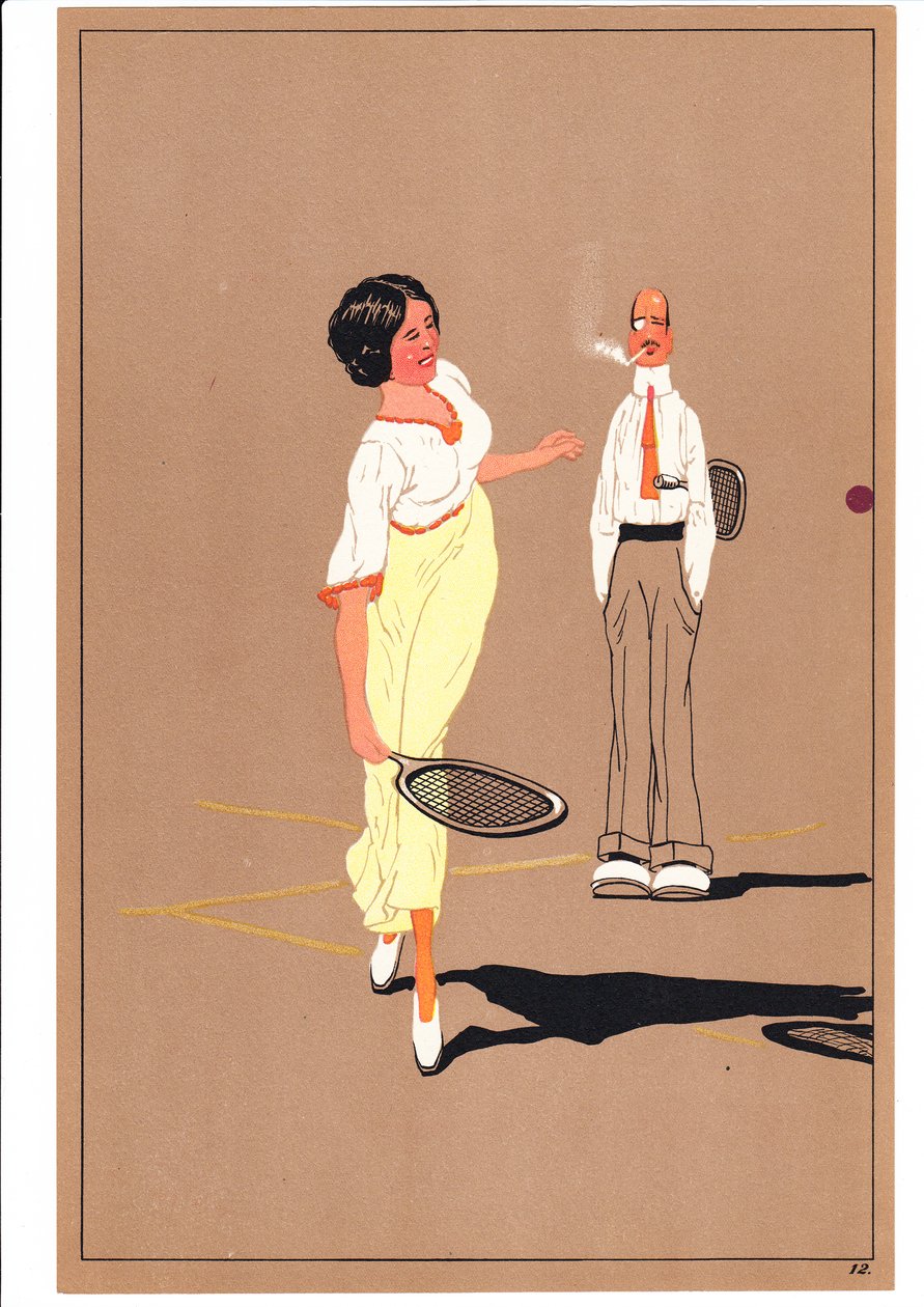 Uma cópia de dois tenistas em postagens cômicas e bem-humoradas, c.1920 de English School
