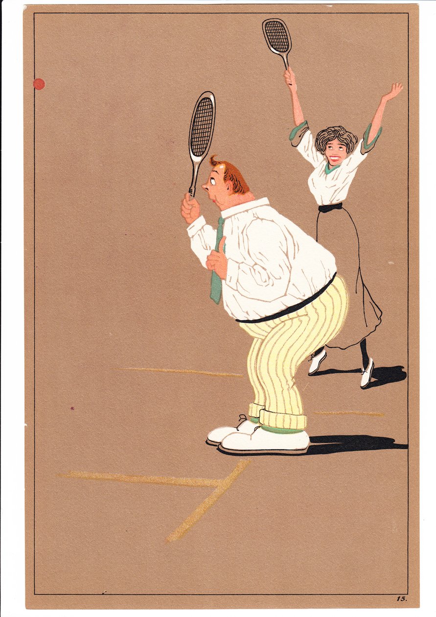 Uma cópia de dois tenistas em postagens cômicas e bem-humoradas, c.1920 de English School