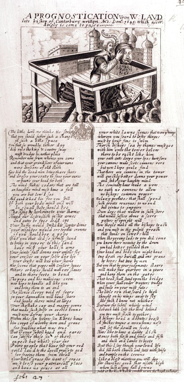 Um prognóstico sobre W. Laud, falecido bispo de Canterbury, escrito Ano Dom, 1641, que consequentemente chegou ao fim, 1645 de English School