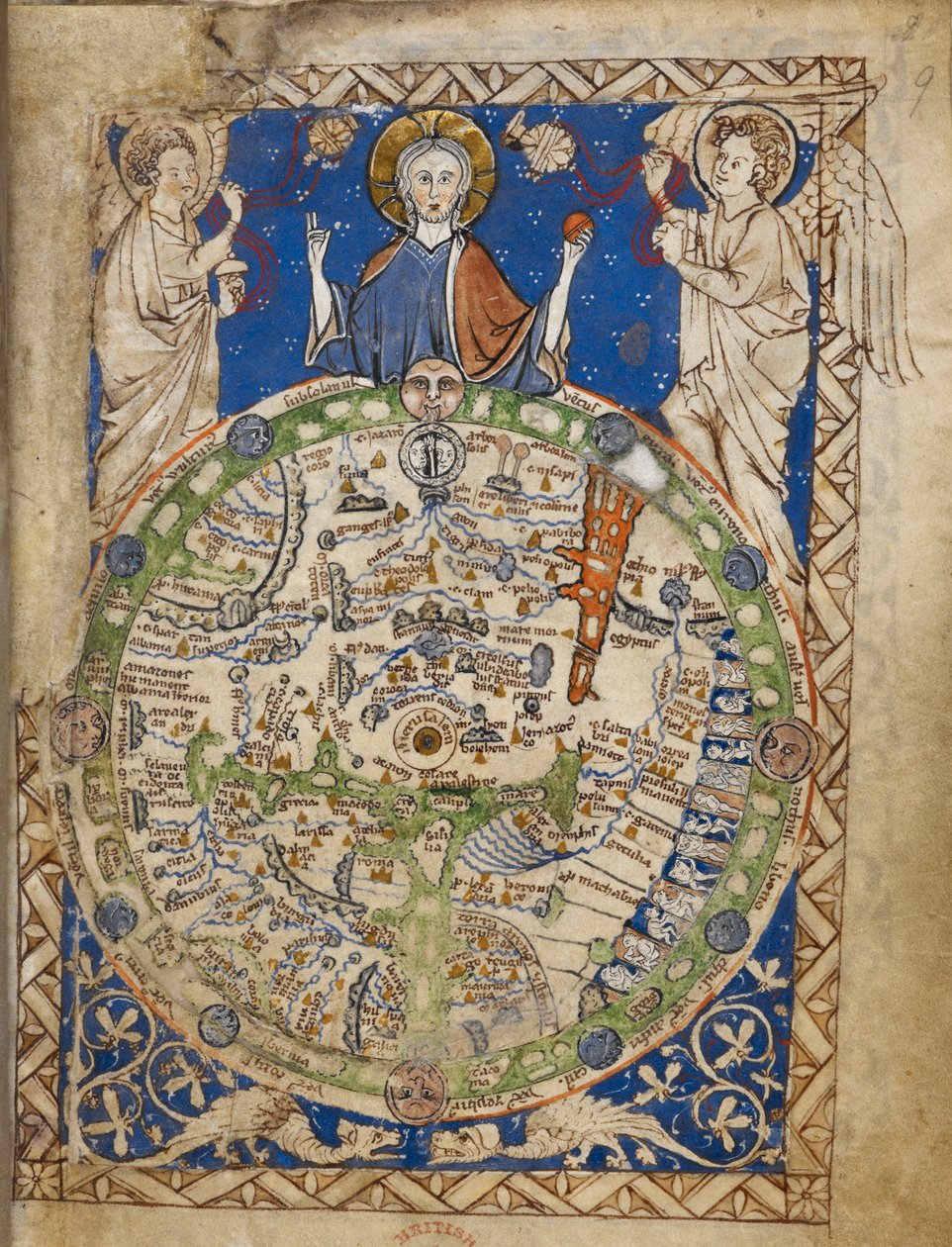 Um mapa redondo do mundo, colocado numa moldura ornamental quadrada, estando Jerusalém no centro, com uma zona de ventos, figuras de habitantes, etc. de English School
