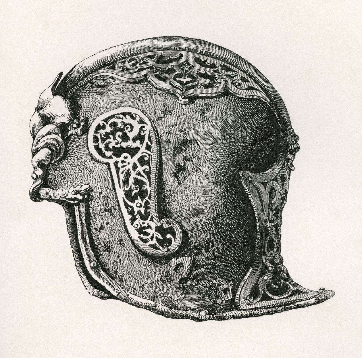 Um sallet, salada ou capacete de guerra schaller, A.D. 1450, do Exército Britânico: As suas Origens, Progresso e Equipamento, publicado em 1868. de English School