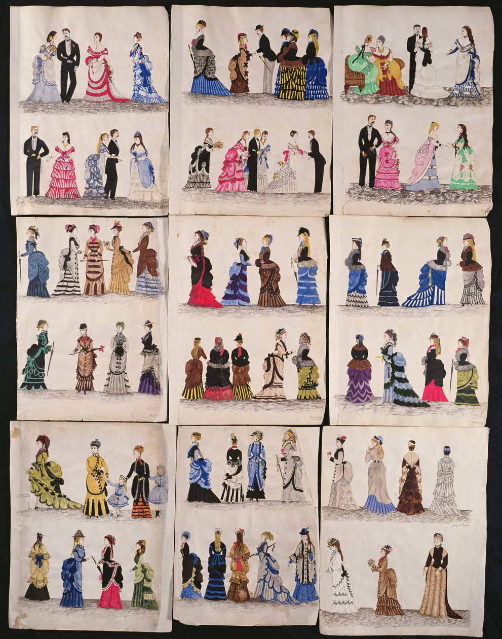 Uma seleção de moda vitoriana, incluindo salão de festas e vestidos de caminhada, c.1876 (wc no papel) de English School