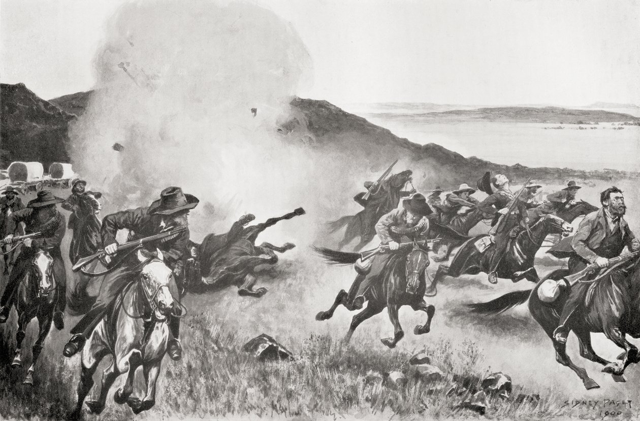 Um obus da Brigada Naval dispersando os Boers por detrás das Kojes das Sete Irmãs durante a ação de 7 de março de English School