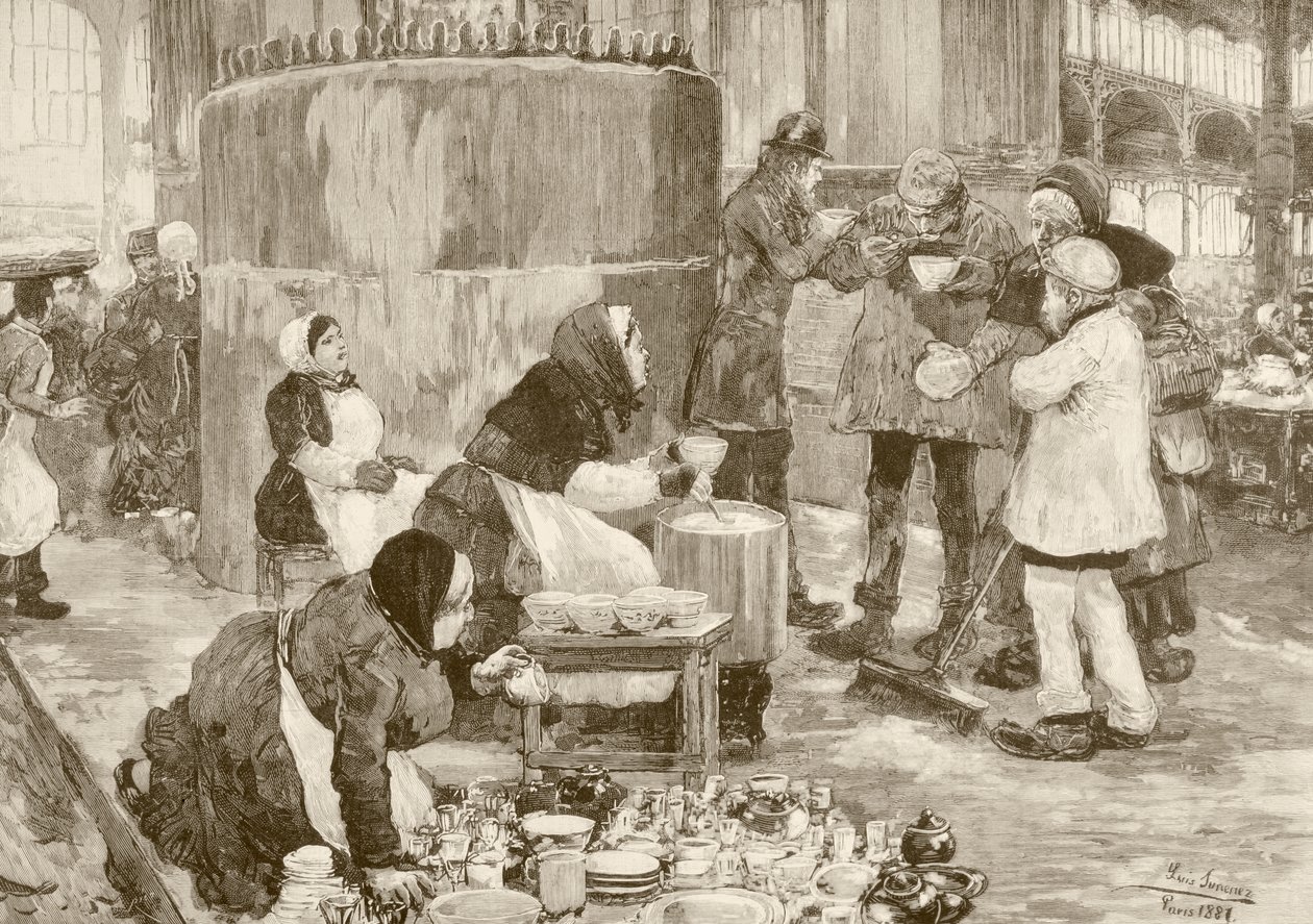 Uma sopa dos pobres em Paris no século XIX (litografia) de English School