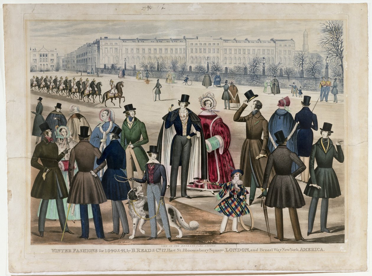 Uma visão em Regents Park, Londres, mostrando Winter Fashions em 1840 e 1841, publicado pela B.Read & Co, 1840 (aquatint no papel) de English School