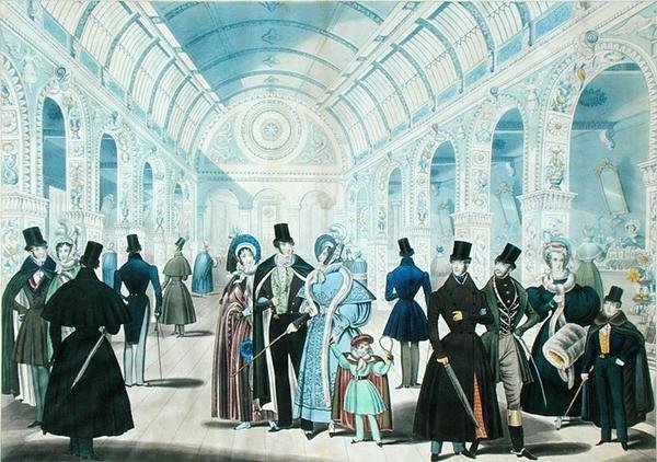 Uma vista no Pantheon, Oxford Street, Londres, retratando a moda de inverno de novembro de 1834 a abril de 1835, publicada pela B.Read & Co. de English School
