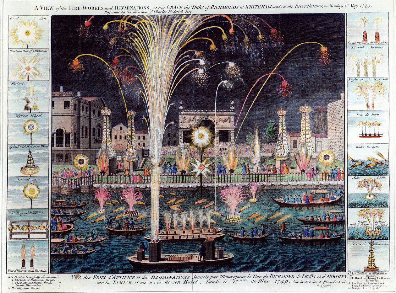 Uma visão dos Trabalhos de Fogo e Iluminações em sua Graça, o Duque de Richmond, na White-hall e no Rio Tâmisa, na segunda-feira, 15 de maio de 1749 (gravura colorida à mão) de English School
