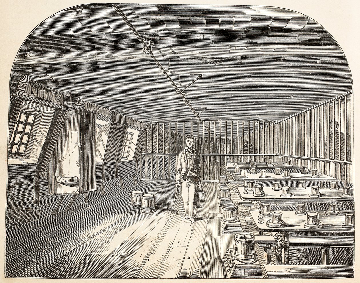 Uma ala a bordo do hulk da Defesa organizou o retorno dos condenados para jantar, ilustração das Prisões Penais de Londres e Cenas da Vida na Prisão de Henry Mayhew e John Binny, pub. 18 de English School