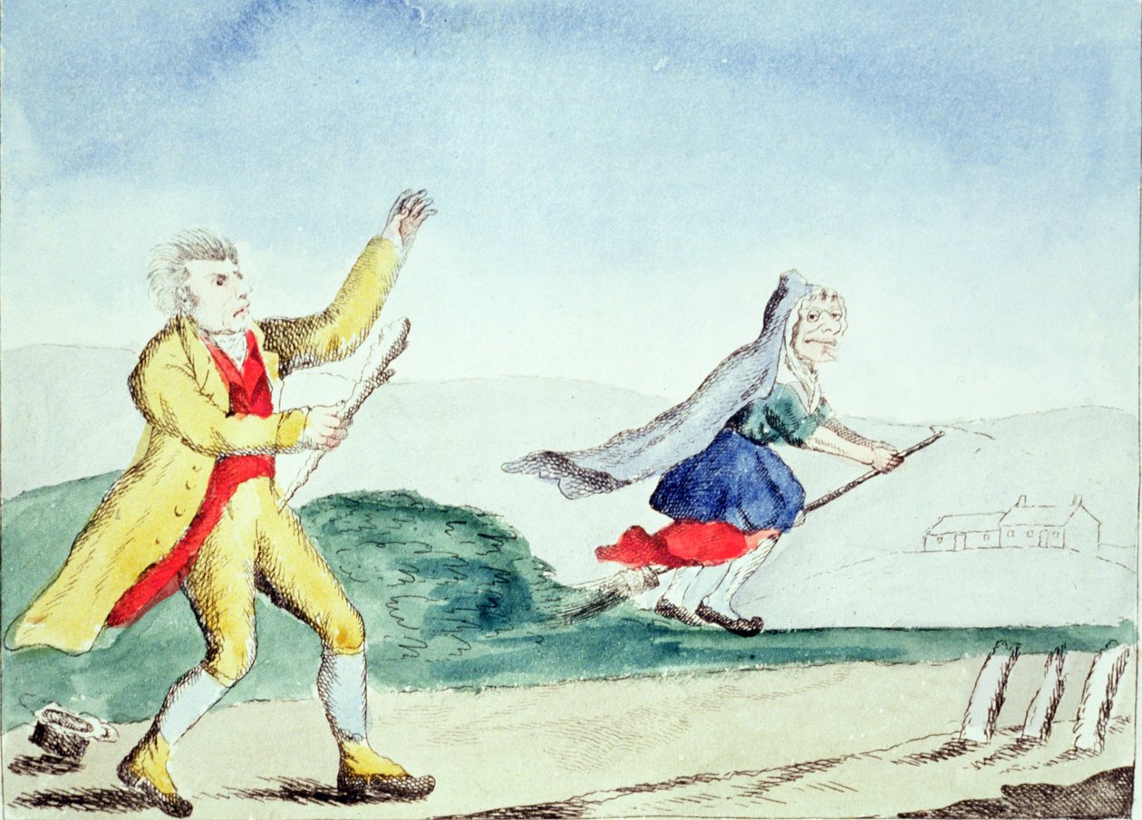 Uma bruxa assusta um homem com um porrete, c.1790s de English School